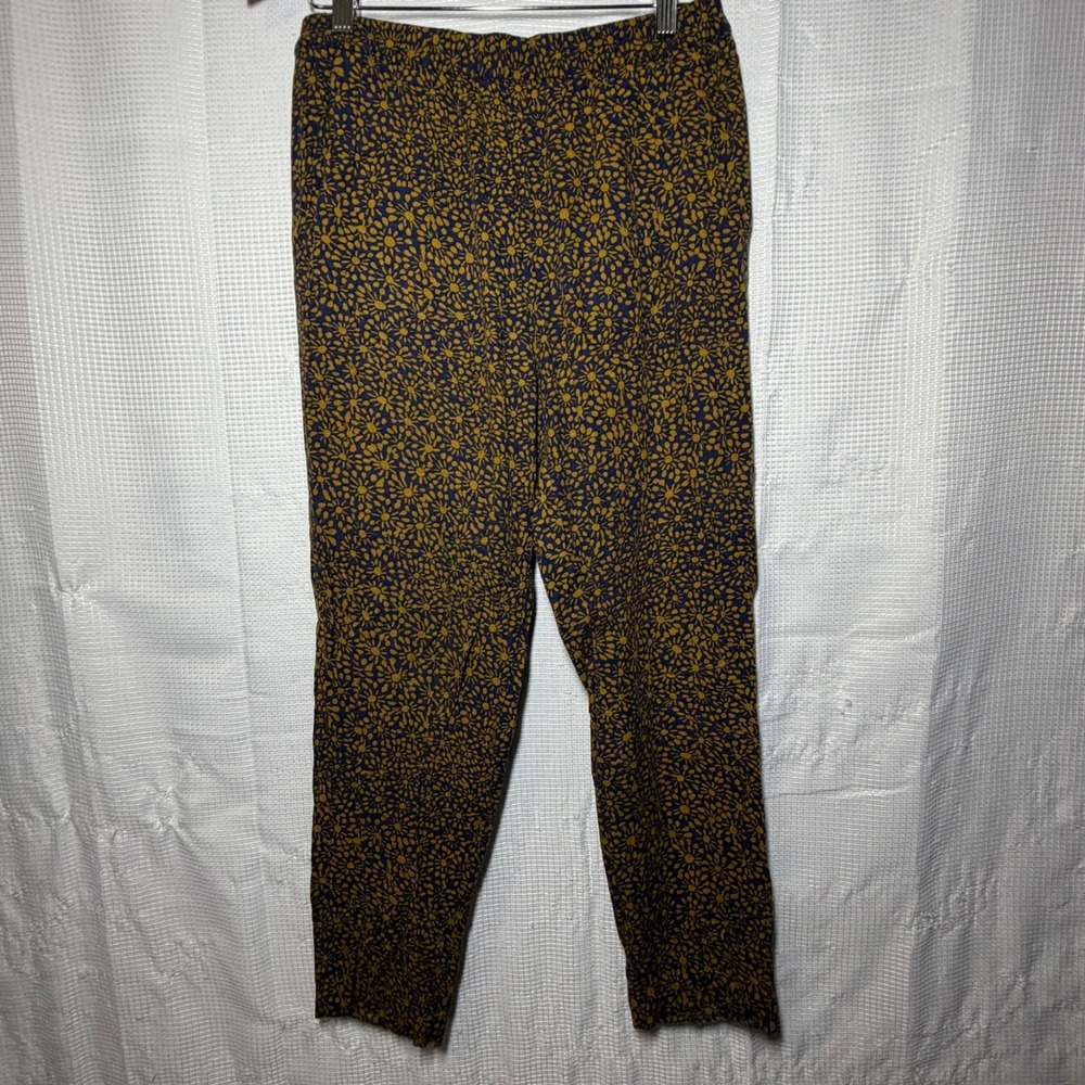 H&M Tapered Pants Viscose Floral Mustard Blue Elastic Waist Boho Casual